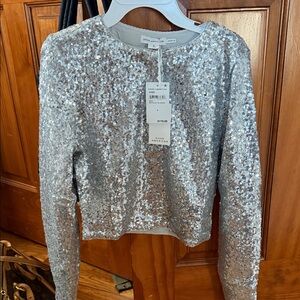 Good American Silver Sequin Long Sleeve Top